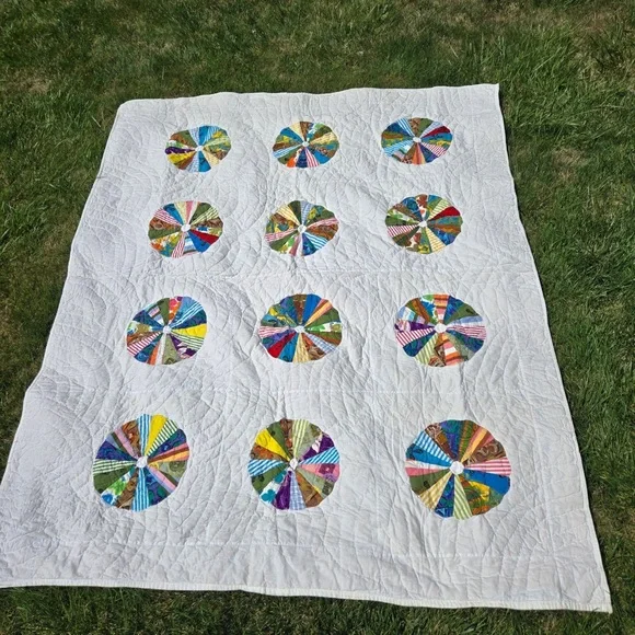 Vintage Dresden Plate Quilt Patchwork 1940-50 Feedsack Fabric Full, Cottagecore - Picture 2 of 7